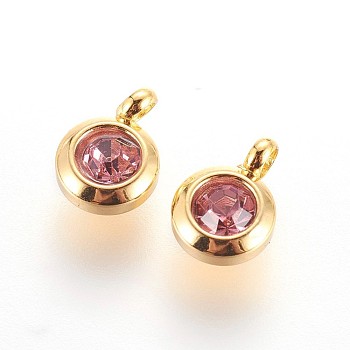 304 Stainless Steel Rhinestone Charms, July Birthstone Charms, Flat Round, Rosaline, 9.3x6.5x4mm, Hole: 2mm