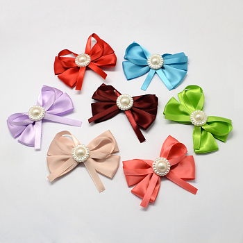 Handmade Woven Costume Accessories, Ribbon Bowknot with ABS Plastic Beads, Mixed Color, 58x75x16mm, about 100pcs/bag