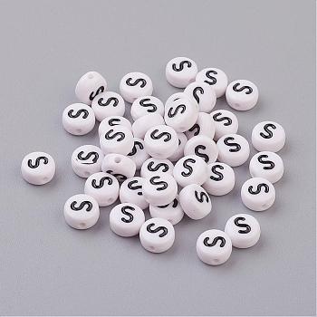 Flat Round with Letter S Acrylic Beads, with Horizontal Hole, White & Black, Size: about 7mm in diameter, 4mm thick, hole: 1mm