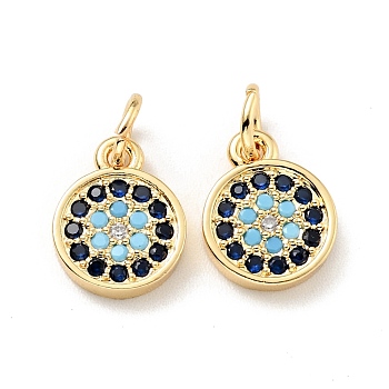 Eco-friendly Brass Micro Pave Colorful Cubic Zirconia Pendants, with Jump Ring, Cadmium Free & Lead Free, Flat Round, Real 18K Gold Plated, 11x8.5x2mm, Hole: 3.2mm