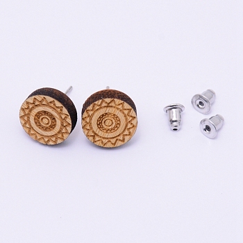 Natural Wood Stud Earrings, with Stainless Steel Stud Earring Findings and Ear Nuts, Flat Round, Bisque, Flower Pattern, 12x4mm, Pin: 0.6mm