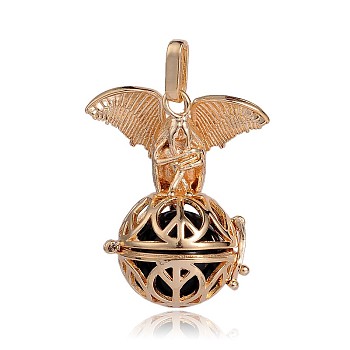 Golden Plated Brass Hollow Round Cage Pendants, with No Hole Spray Painted Brass Beads, Black, 38x31x20mm, Hole: 3x8mm