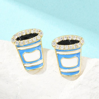Brass Micro Pave Cubic Zirconia Stud Earrings, Drink, with Enamel, Lead Free & Cadmium Free, Long-Lasting Plated, Rack Plating, Real 18K Gold Plated, Deep Sky Blue, 13x10.5mm