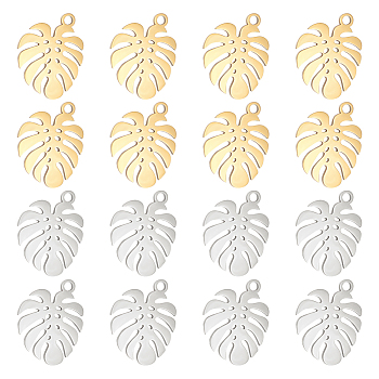 16Pcs 2 Colors 304 Stainless Steel Pendants, Tropical Leaf Charms, Monstera Leaf, Golden & Stainless Steel Color, 16x12x1mm, Hole: 1.4mm, 8pcs/color