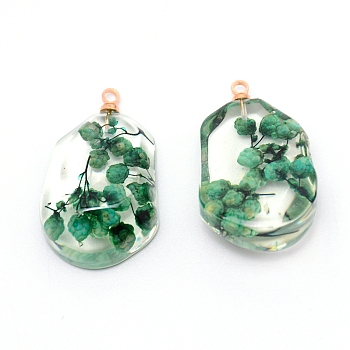 Resin with Iron Ring, for Dried flower Pendants Accessories, Green, 27x16.5x9mm, Hole: 1.8mm