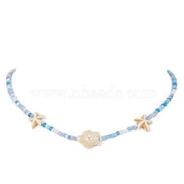 Synthetic Turquoise Starfish & Turtle & Seed Beaded Necklace for Women(NJEW-JN04482-02)-2