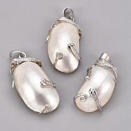 Natural White Shell Mother of Pearl Shell Pendants, with Platinum Plated Brass Findings, 35~46x18~26x10~12mm, Hole: 6x4mm(SSHEL-E550-01)