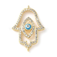 Brass Micro Pave Cleear Cubic Zirconia Evil Eye Hamsa Hand Connector Charms, with Enamel, Religion Links, Cadmium Free & Lead Free, Long-Lasting Plated, Rack Plating, Real 18K Gold Plated, 29x19.5x4mm, Hole: 1mm(KK-C086-15A-G)