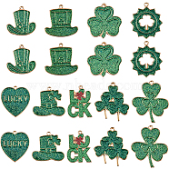 18Pcs 9 Styles Saint Patrick's Day Alloy Enamel Pendants, with Sequins, Clover/Word Luck/Hat Charm, Green, 25.5~33.5x22~29x2mm, Hole: 1.5mm, 2pcs/style(ENAM-SC0004-61)