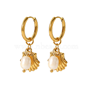 Beach Style Stainless Steel Gold Plated Imitation Pearl Shell Dangle Earrings(HN4085)