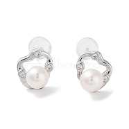 Natural Pearl Stud Earrings for Women, with Sterling Silver Pins and Rhinestone, Platinum, 9x8mm(EJEW-C082-08P)