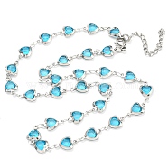 304 Stainless Steel & Glass Heart Link Chain Necklaces, Stainless Steel Color, Dark Turquoise, 16.38 inch(41.6cm)(NJEW-P315-03P-03)