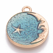 Alloy Enamel Pendants, Flat Round with Moon and Star, Golden, Dark Turquoise, 27x22.5x2mm, Hole: 2mm(PALLOY-T046-23B)
