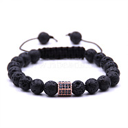 Natural Lava Rock Braided Bead Bracelets, Column Brass Micro Pave Cubic Zirconia Adjustable Bracelets(TW4699-1)