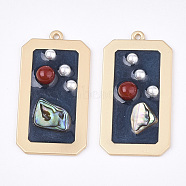 Epoxy Resin Pendants, with ABS Plastic Imitation Pearl and Shell, Alloy Findings and Enamel, Rectangle, Matte Gold Color, Steel Blue, 40.5x21x4.5~5.5mm, Hole: 1.5mm(RESI-S365-67B)