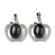 Natural Obsidian with Clear Cubic Zirconia Pendants, Apple Charms with Rack Plating Brass Findings, Platinum, Cadmium Free & Lead Free, 28.5x25.5x9~10mm, Hole: 7x5mm(G-G133-03P-23)