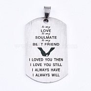 201 Stainless Steel Quote Pendants, Stamped Dog Tags, Soulmate for Valentine's Day Gift Jewelry, Rectangle, Laser Cut, Stainless Steel Color, 45x27x1.5mm, Hole: 4x7.5mm(STAS-T044-227P)