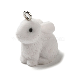 Opaque Resin Pendants, Flocky Rabbit Charms with Platinum Plated Iron Loops, White, 22x12x19.5mm, Hole: 2mm(RESI-P032-B02)
