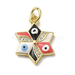 Brass Micro Pave Cubic Zirconia Pendants, with Enamel, with Jump Ring, Real 18K Gold Plated, Star with Evil Eye, Red, 17.5x13x3.4mm, Hole: 3.2mm(KK-E092-17G-02)