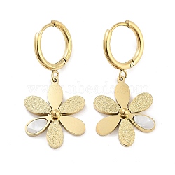 Left and Right Texture Flower 304 Stainless Steel Shell Dangle Earrings, Hoop Earrings for Women, Real 18K Gold Plated, 36x16.5mm(EJEW-L283-076G)