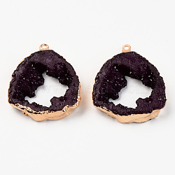 Druzy Resin Pendants, Imitation Geode Druzy Agate Slices, with Edge Light Gold Plated Iron Loops, Nuggets, Purple, 38~39x32.5~33.5x7~8mm, Hole: 1.6mm(RESI-R428-024C)