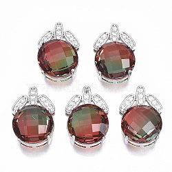 Brass Micro Pave Cubic Zirconia Pendants, with K9 Rainbow Glass, Flat Round, Platinum, Tomato, 19x13x9mm, Hole: 1.8mm(GLAA-N036-01C)