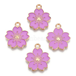 Alloy Enamel Pendants, Sakura Flower, Light Gold, Violet, 20.5x17.5x1.5mm, Hole: 2mm(X-ENAM-S121-115H)