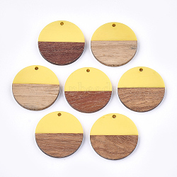 Resin & Walnut Wood Pendants, Flat Round, Yellow, 28.5x3.5~4mm, Hole: 1.5mm(RESI-S358-02B-14)