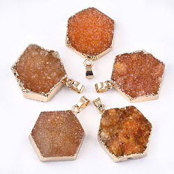 Electroplate Natural Druzy Agate Pendants, with Iron Findings, Dyed, Hexagon, Golden, Chocolate, 32~36x24~27x8~15mm, Hole: 4.5x6.5mm(G-T112-21E)