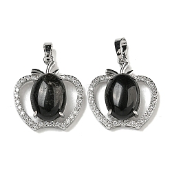 Natural Obsidian with Clear Cubic Zirconia Pendants, Apple Charms with Rack Plating Brass Findings, Platinum, Cadmium Free & Lead Free, 28.5x25.5x9~10mm, Hole: 7x5mm(G-G133-03P-23)