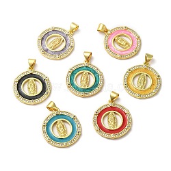 Rack Plating Brass Enamel Clear Cubic Zirconia Pendants, Real 18K Gold Plated, Long-Lasting Plated, Round with Saint, Mixed Color, 23x20x2mm, Hole: 5x3mm(KK-Q771-08G)