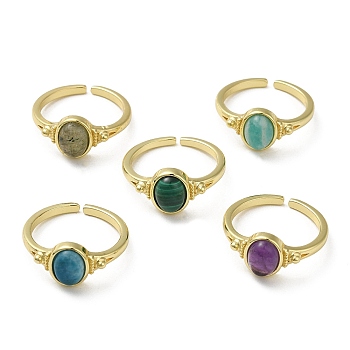 Natural Mixed Gemstone Oval Open Cuff Rings, Golden Brass Finger Ring, Cadmium Free & Lead Free, US Size 7(17.3mm)