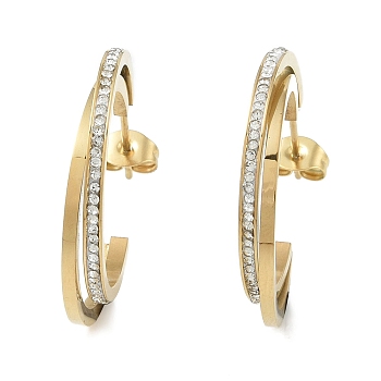 Rhinestone 304 Stainless Steel Stud Earrings for Women, Hoop Earrings, Ring, Real 18K Gold Plated, 26.5x3.5mm