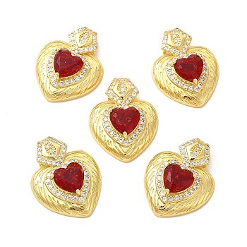 Rack Plating Brass & Rhinestone Pendants, with Crushed Ice Cut Cubic Zirconia, Heart Charm, Real 14K Gold Plated, Cadmium Free & Lead Free, FireBrick, 30x23x7.5mm, Hole: 3.5x7mm