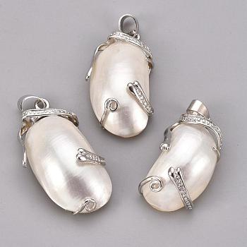 Natural White Shell Mother of Pearl Shell Pendants, with Platinum Plated Brass Findings, 35~46x18~26x10~12mm, Hole: 6x4mm