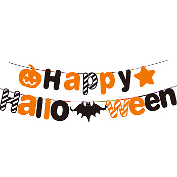 Halloween Theme Paper Flags, Word Happy Halloween & Bat Hanging Banners, for Party Home Decorations, Orange, 100~141x31~216x0.2mm