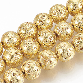 Electroplated Natural Lava Rock Beads Strands, Round, Bumpy, Golden Plated, 10~11mm, Hole: 1mm, about 38pcs/strand, 15.7 inch