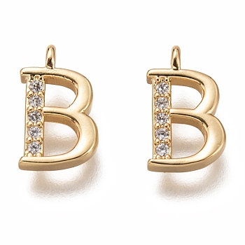Brass Micro Pave Clear Cubic Zirconia Charms, Cadmium Free & Lead Free, Long-Lasting Plated, Alphabet, Letter.B, 11x7x3mm, Hole: 1.4mm