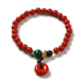 6mm Round Cinnabar Mala Stretch Bracelets, with Synthetic Malachite and Natural Agate, Ring, Inner Diameter: 2 inch(4.95~5.1cm)