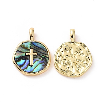 Natural Abalone Shell/Paua Shell Pendants, with Real 18K Gold Plated Brass Findings, Cadmium Free & Lead Free, Long-Lasting Plated, Flat Round Charm, Cross Pattern, 18x13.5x2mm, Hole: 2x3mm