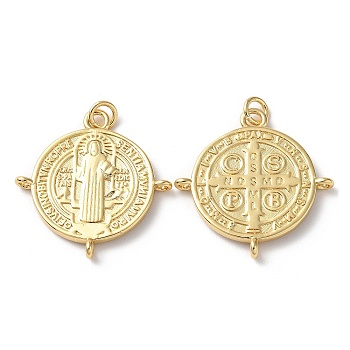 Rack Plating Brass Pendants, with Jump Ring, Cadmium Free & Lead Free, Flat Round with Cssml Ndsmd Cross God Father Religious Christianity, Real 18K Gold Plated, 25x24x3mm, Hole: 1.2mm