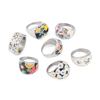 304 Stainless Steel Enamel Wide Finger Rings for Women, Butterfly & Flower Pattern, Mixed Color, 12~17mm, Inner Diameter: 19mm