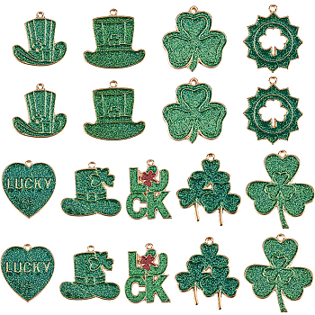 18Pcs 9 Styles Saint Patrick's Day Alloy Enamel Pendants, with Sequins, Clover/Word Luck/Hat Charm, Green, 25.5~33.5x22~29x2mm, Hole: 1.5mm, 2pcs/style