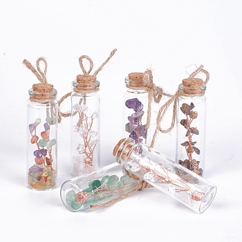 Glass Wishing Bottle, For Pendant Decoration, with Gemstone Chip Beads and Brass Findings Inside, Cork Stopper, Jute Twine, 73mm, about 6pcs/box