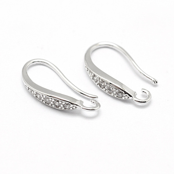 Brass Micro Pave Cubic Zirconia Earring Hooks, with Horizontal Loop, Lead Free & Nickel Free & Cadmium Free, Real Platinum Plated, 15~16x7~8x2.5mm, Hole: 1mm, 18 Gauge, Pin: 1mm