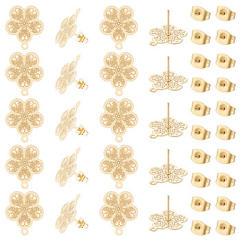 30Pcs 304 Stainless Steel Stud Earring Findings, with Horizontal Loops, Flower, Golden, 18x15.5mm, Hole: 1mm, Pin: 0.7mm