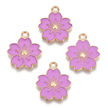 Alloy Enamel Pendants, Sakura Flower, Light Gold, Violet, 20.5x17.5x1.5mm, Hole: 2mm