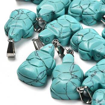 Synthetic Turquoise Pendants, with 201 Stainless Steel Finding, Turtle, 26~27x15.5x7.5mm, Hole: 4x7.5mm