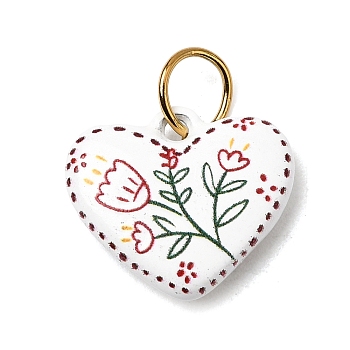 Printing 304 Stainless Steel Pendants, White, Gold, Heart with Flower Charm, 13x15x3.6mm, Jump Ring: 6x0.7mm, Inner Diameter: 4.5mm