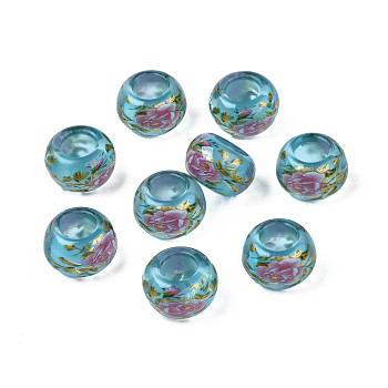 Flower Printed Transparent Acrylic Rondelle Beads, Large Hole Beads, Sky Blue, 15x9mm, Hole: 7mm